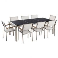 GARTENMÖBEL SET 8-Sitzer Naturstein schwarz poliert Textilbespannung weiß Grosseto - Silberfarben/Schwarz, Metall - Beliani