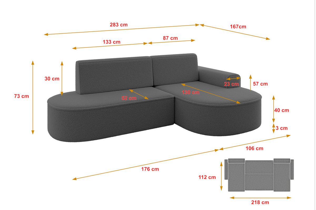 ECKSOFA mit Schlaffunktion und Bettkasten Ottomane Rechts MARI-L1-S - 283x167x73 cm Grau Bouclé - Schwarz/Grau, Holzwerkstoff/Kunststoff (167/283cm) - ALTDECOR