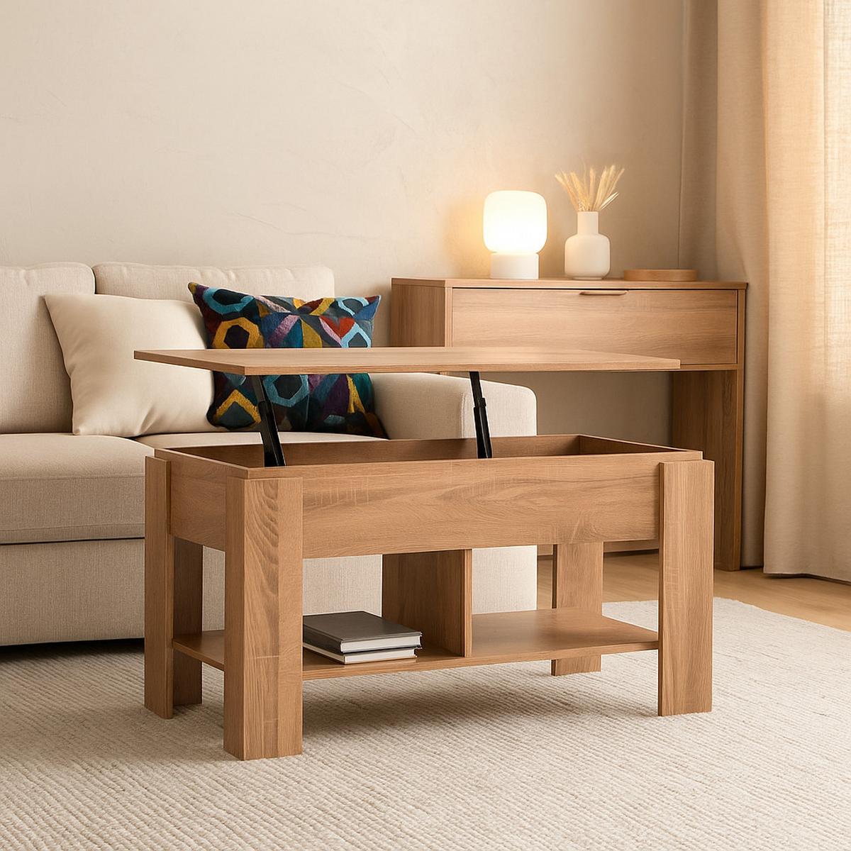COUCHTISCH mit Lift-Top, Stauraum und Ablagefach, Eiche Optik - Goldfarben/Weiß, Holz (96/50/47cm) - Urban Meuble