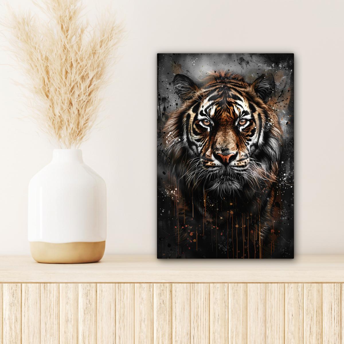 LEINWANDBILD Tiger - Tiere - Porträt - Luxus - Schwarz Deko Wohnzimmer 20x30 cm - Anthrazit, Textil (20/30cm) - MuchoWow
