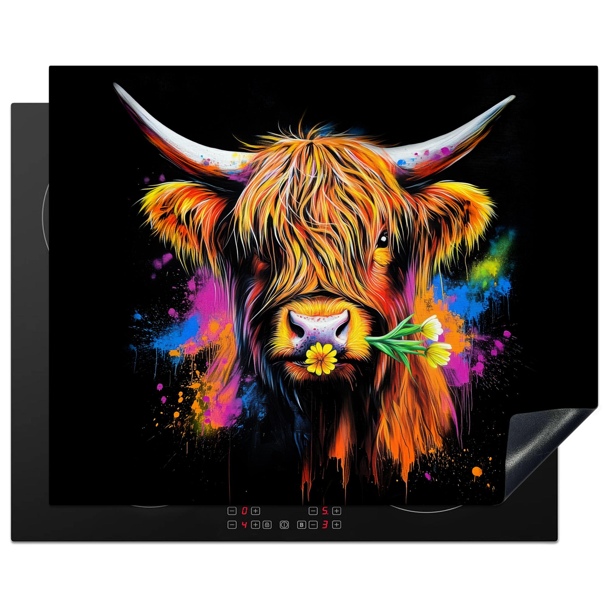 HERDABDECKPLATTE Schottischer Highlander - Graffiti - Bunt - Blume - Tiere Herdabdeckung Induktionsfeld 65x52 cm - Multicolor, Kunststoff (65/52/0.2cm) - MuchoWow
