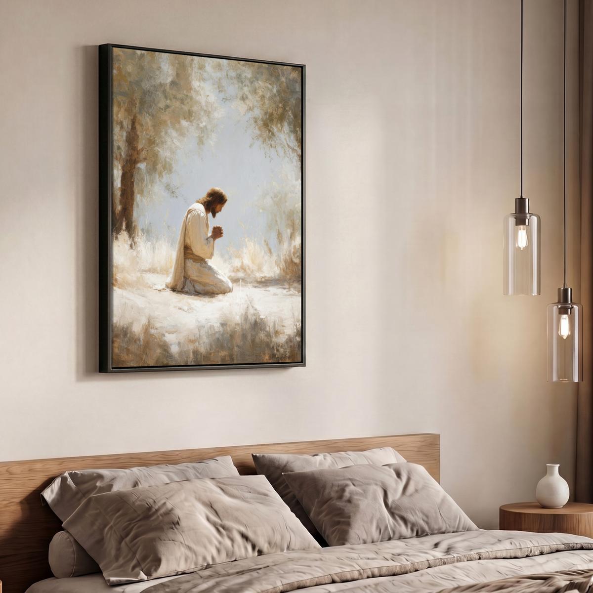 LEINWAND Bilder mit Rahmen - Jesus - Kniend - Waldlandschaft - Betend - 70x100 - Beige, Textil (70/100cm) - MuchoWow