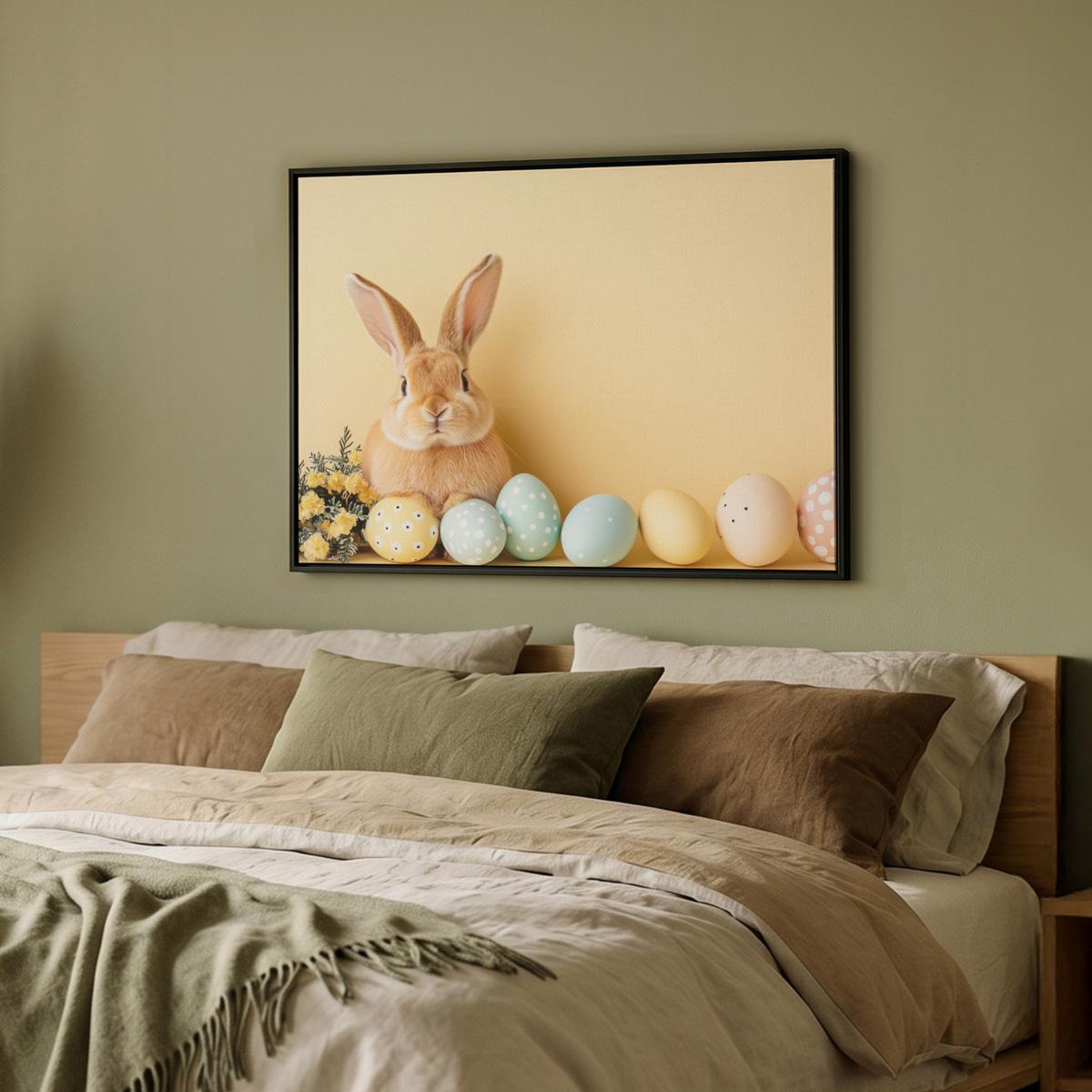 LEINWAND Bilder mit Rahmen - Eier - Kaninchen - Pastellfarbtöne - 70x50 - Hellgelb, Textil (70/50cm) - MuchoWow