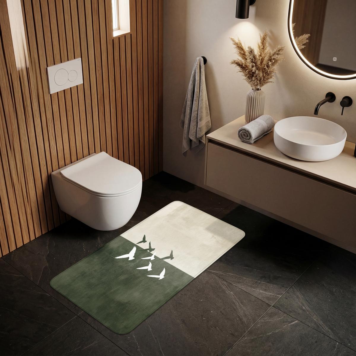 BADEMATTE Japandi - Vogel - Grün 120x60 cm - Olivgrün, Textil (120/60cm) - OnlyWow