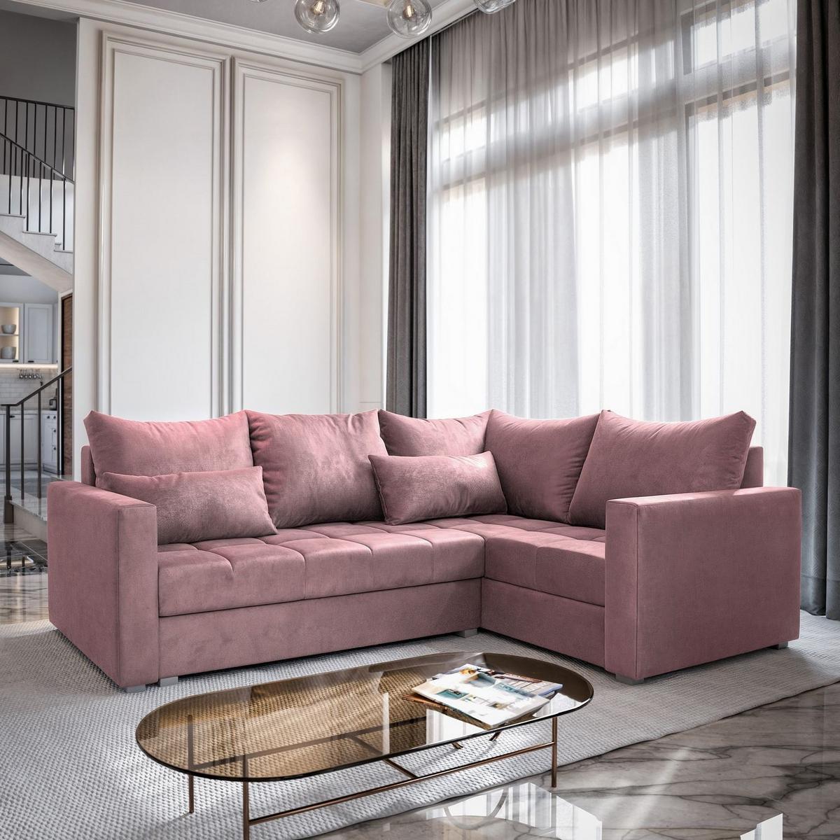 ECKSOFA LIRENO R-S Rosa Plüsch-Stoff mit Schlaffunktion - Rosa/Grau, Holz/Kunststoff (220/153cm) - MASSENO