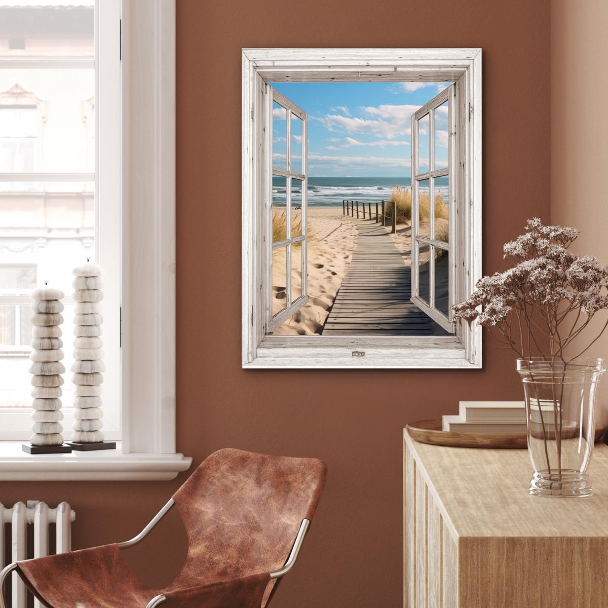 METALLBILD Fenster - Meer - Küste - Natur - Ausblick - Strand - Wattenmeer 60x80 cm - Beige, Metall (60/80cm) - MuchoWow