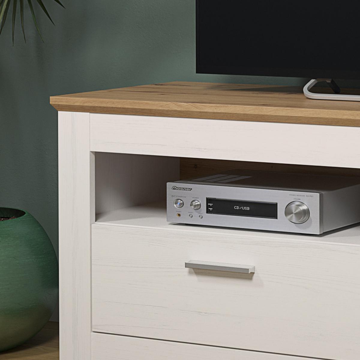 TV-LOWBOARD Pinie weiß, Eiche Artisan Landhaus 148 x 59 cm, Fernsehtisch in Komforthöhe - Silberfarben/Schwarz, Holzwerkstoff/Kunststoff (148/59/45cm) - Top.Furn