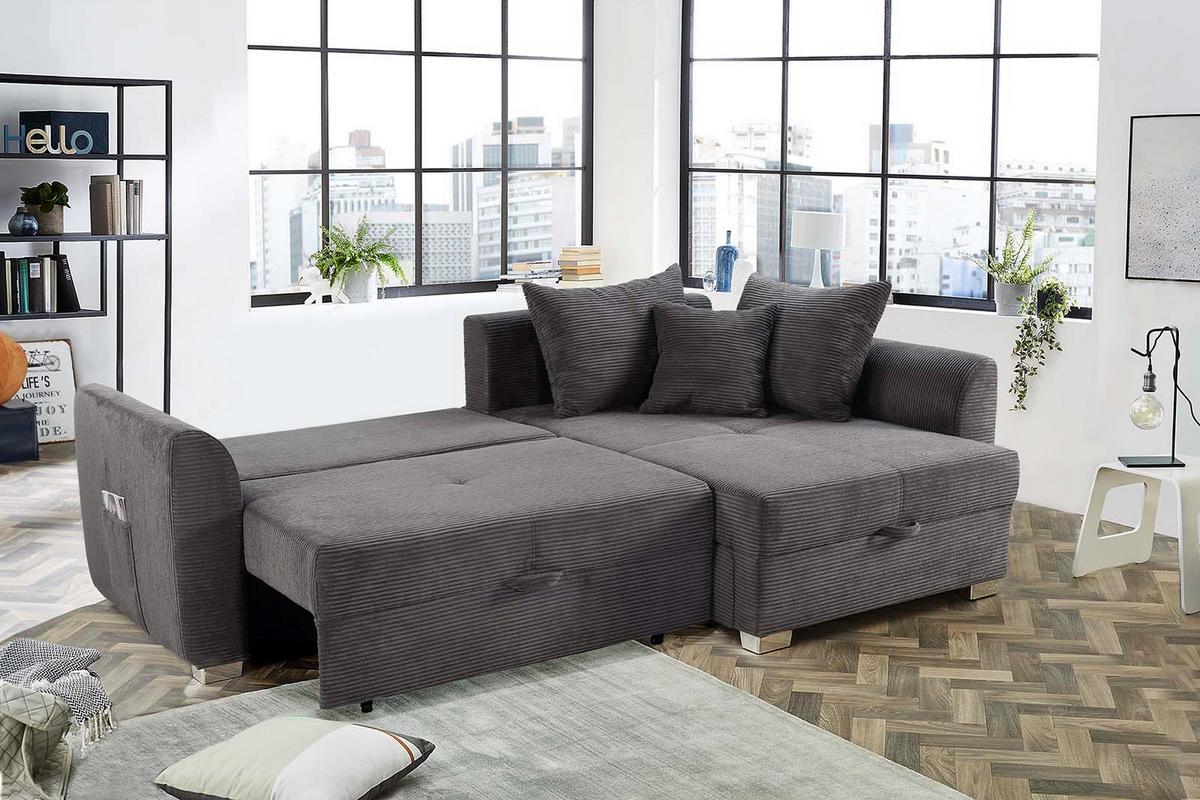 ECKSOFA mit Schlaffunktion und Bettkasten, seitenverkehrt montierbar B236/T160/H81 cm, Liegefl. 142x202 cm, Cord Dunkelgrau / 15202 - Chromfarben/Dunkelgrau, Kunststoff/Textil (236/160cm) - luma-home
