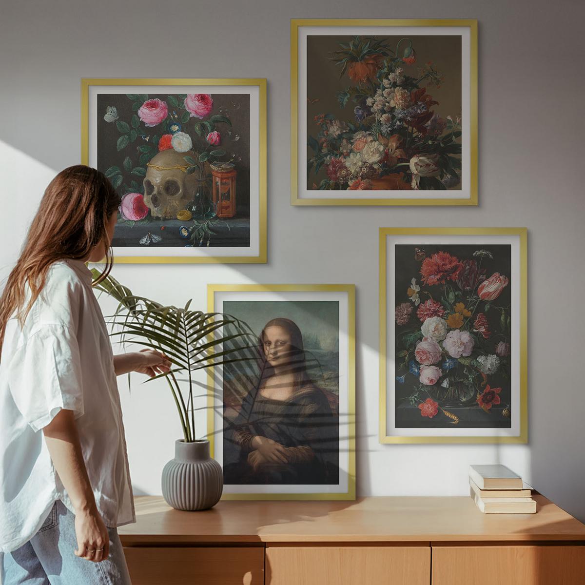 BILDER SET 4er Set - 50x50 cm & 40x60 cm Goldrahmen - Vintage Blumen Totenkopf Mona Lisa - Goldfarben, Kunststoff (50/50cm) - TULUP