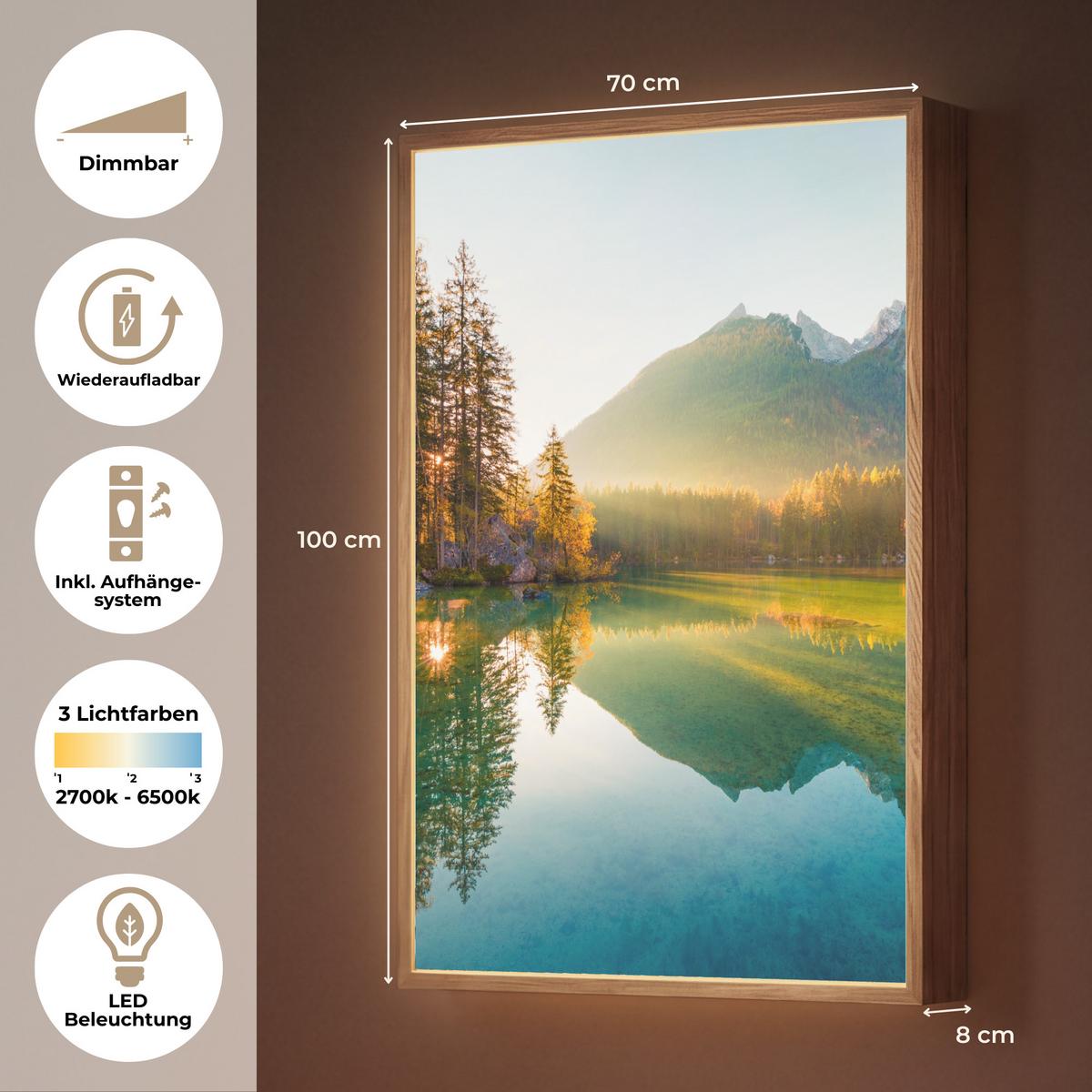 WANDLEUCHTE MIT AKKU See - Wald - Berge - Natur - Sonne - Landschaft 70x100 cm - Grün, Holzwerkstoff (70/100/8cm) - OnlyWow