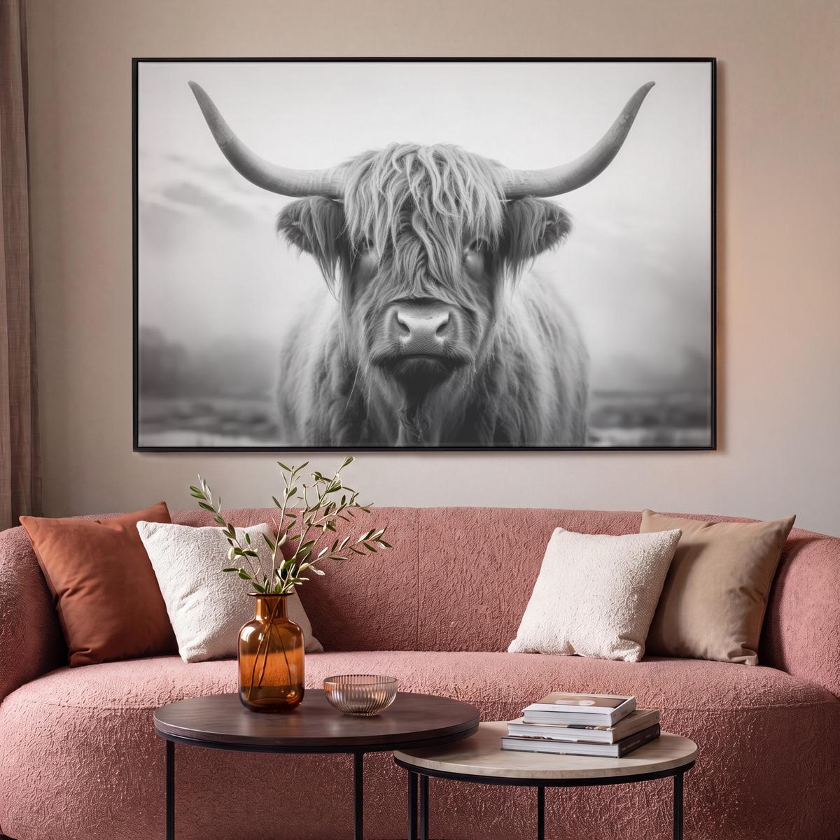 LEINWAND Bilder mit Rahmen - Schottischer Highlander - Nebel - Schwarz - Weiß - 150x100 - Grau, Textil (150/100cm) - MuchoWow