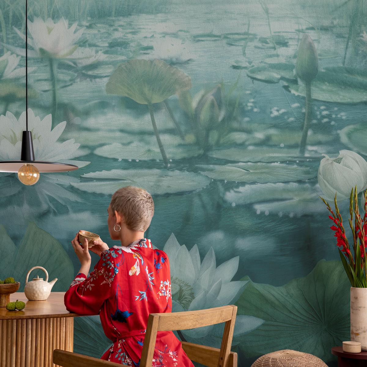 FOTOTAPETE 250x104 cm - Wasserblumen - Schwarz, Textil (250/104cm) - Wallfluent