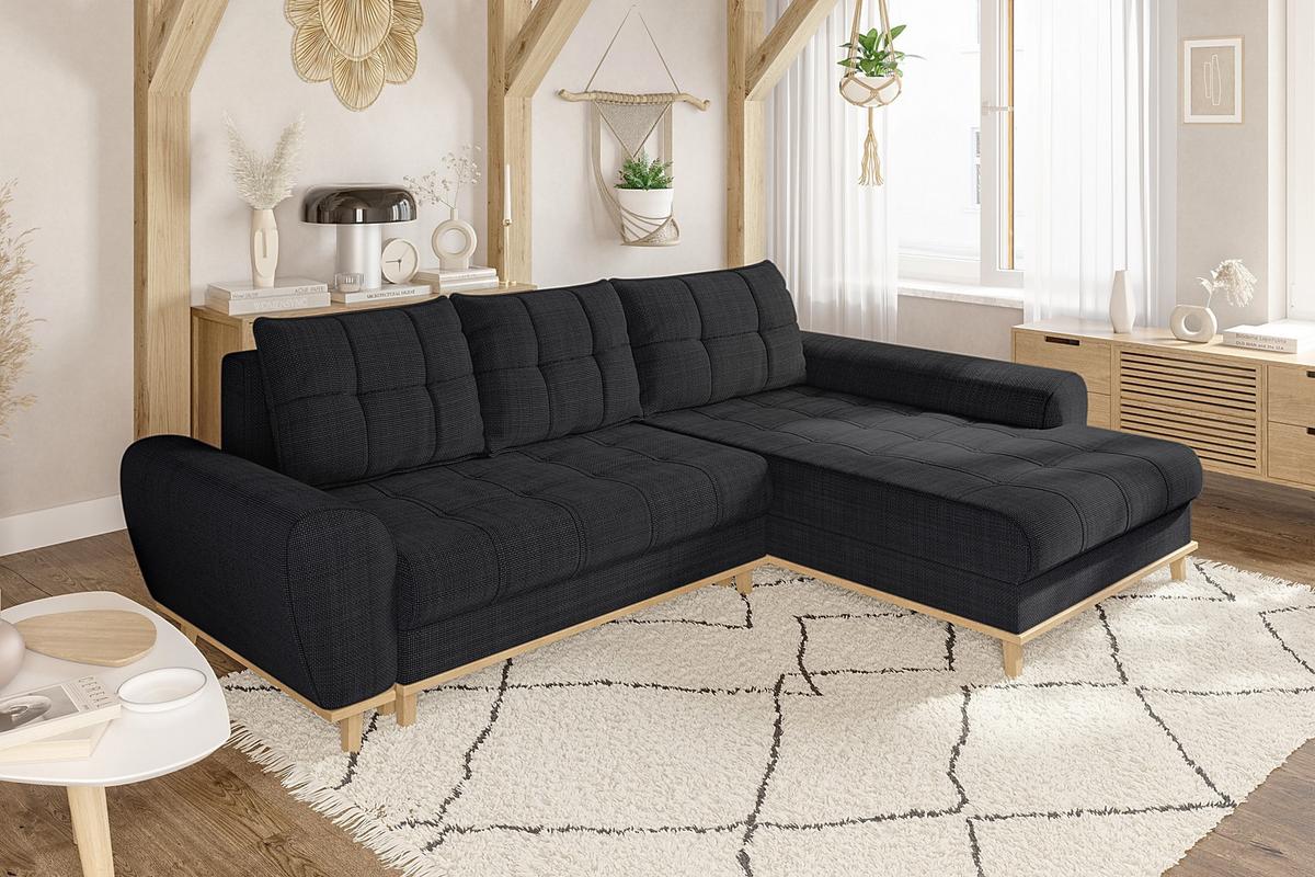 ECKSOFA im Scandi-Stil, Schlaffunktion, Bettkasten B268/T175/H86 cm, Ottomane rechts, Liegefl. 128x209 cm, Bouclé Chenille Stoff in Anthrazit / 21011 - Eichefarben/Anthrazit, Holz/Textil (268/175cm) - luma-home