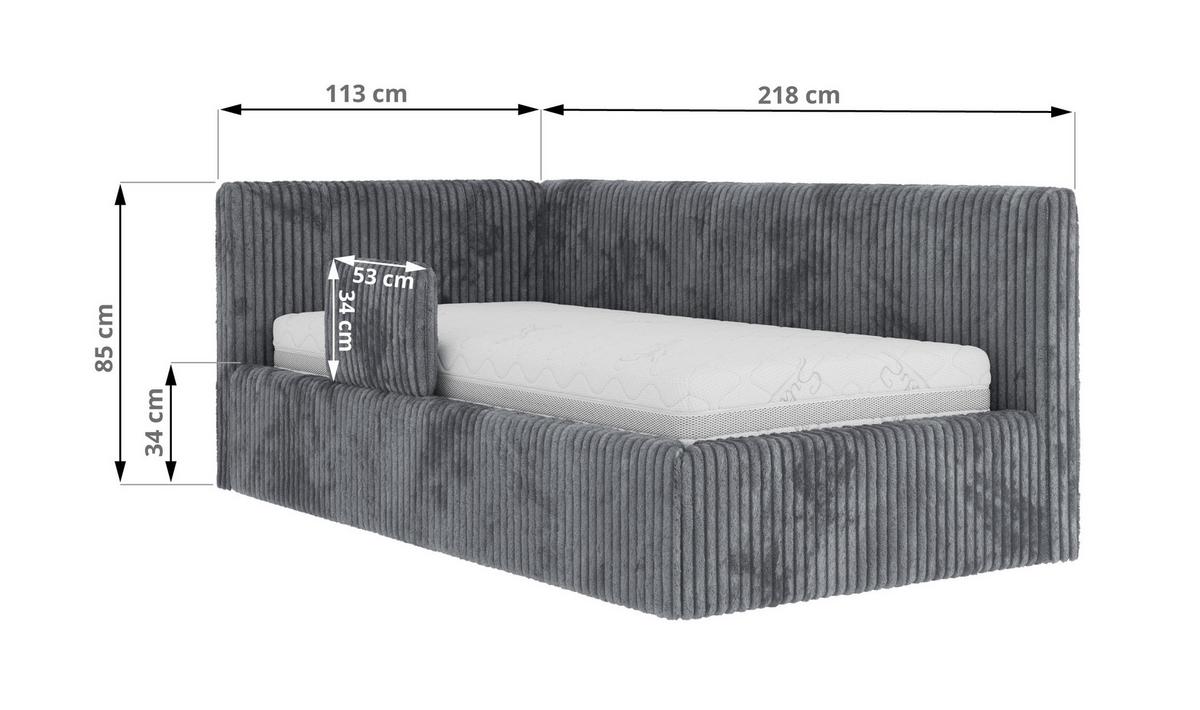POLSTERBETT TILVO ALTA 90/200 - Grau Cord - Schaumstoffmatratze - Rechts - Grau, Textil (200/90cm) - MKS