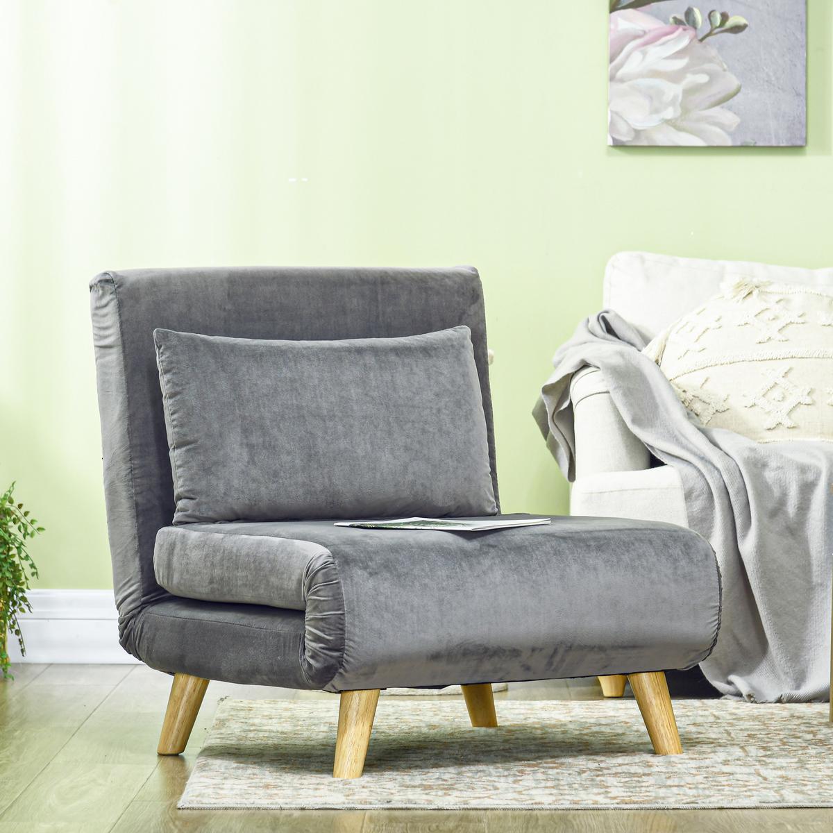 SCHLAFSESSEL, Klappsessel mit Bettfunktion, Schlafsofa mit Kissen, Samt, Grau - Naturfarben/Grau, Holz/Textil (78/79/72cm) - HOMCOM