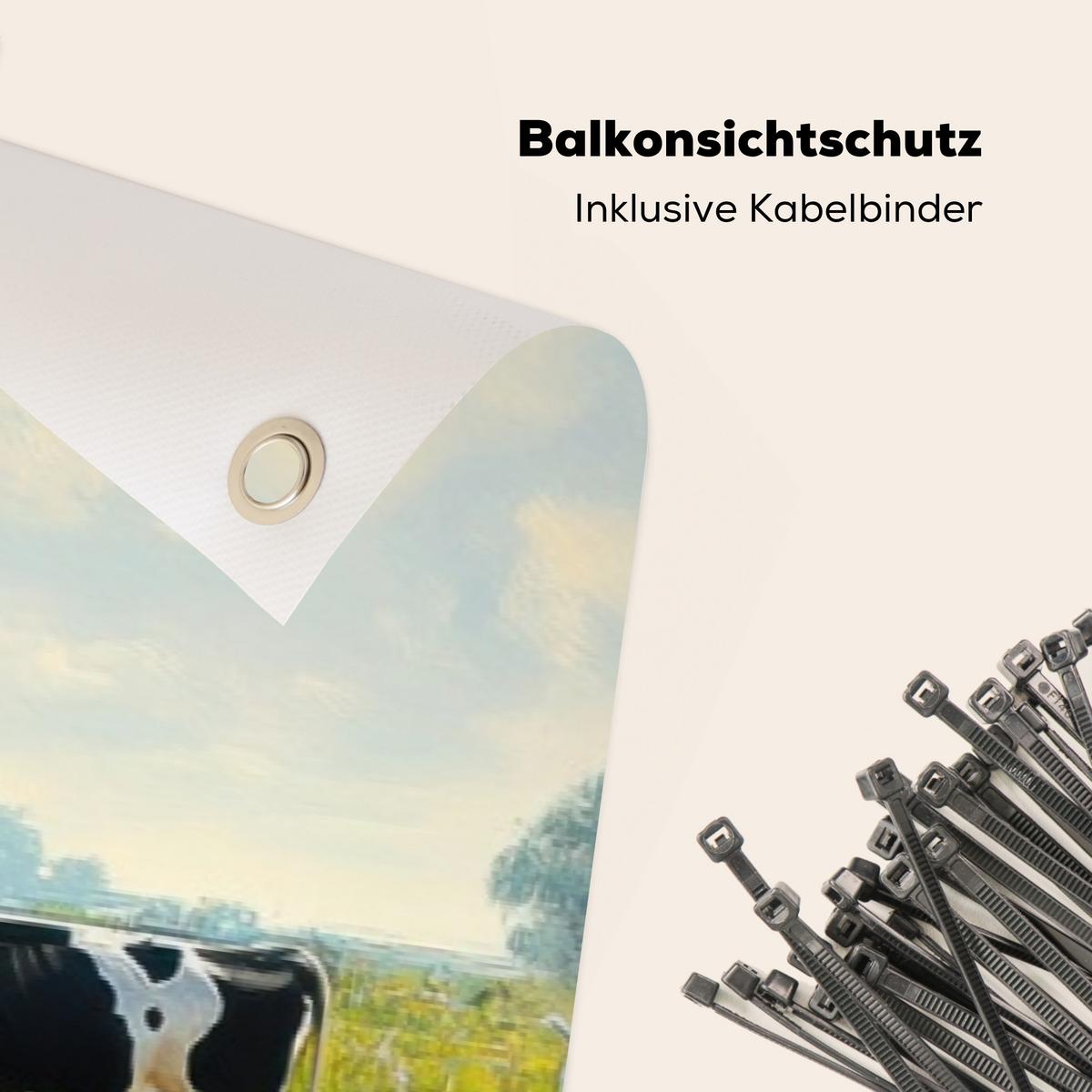 BALKON-SICHTSCHUTZ Kühe - Windmühle - Wiese - Blau Witterungsbeständig 300x80 cm - Grün, Kunststoff (300/80cm) - MuchoWow