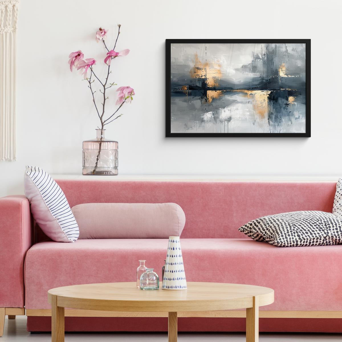POSTER MIT RAHMENGERAHMTES BILD Kunst - Grau - Gold - Abstrakt 60x40 cm - Dunkelgrau, Papier (60/40cm) - MuchoWow