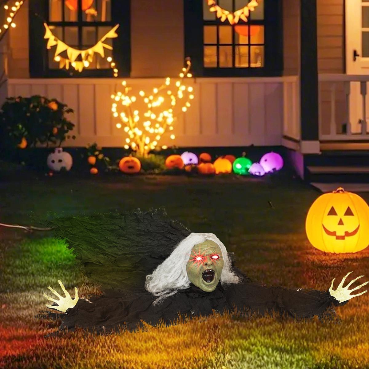 HALLOWEEN-DEKORATION Zombie-Alte 183 cm mit LED-Lichter, Soundfunktion - Schwarz, Textil (18/183/80cm) - Outsunny