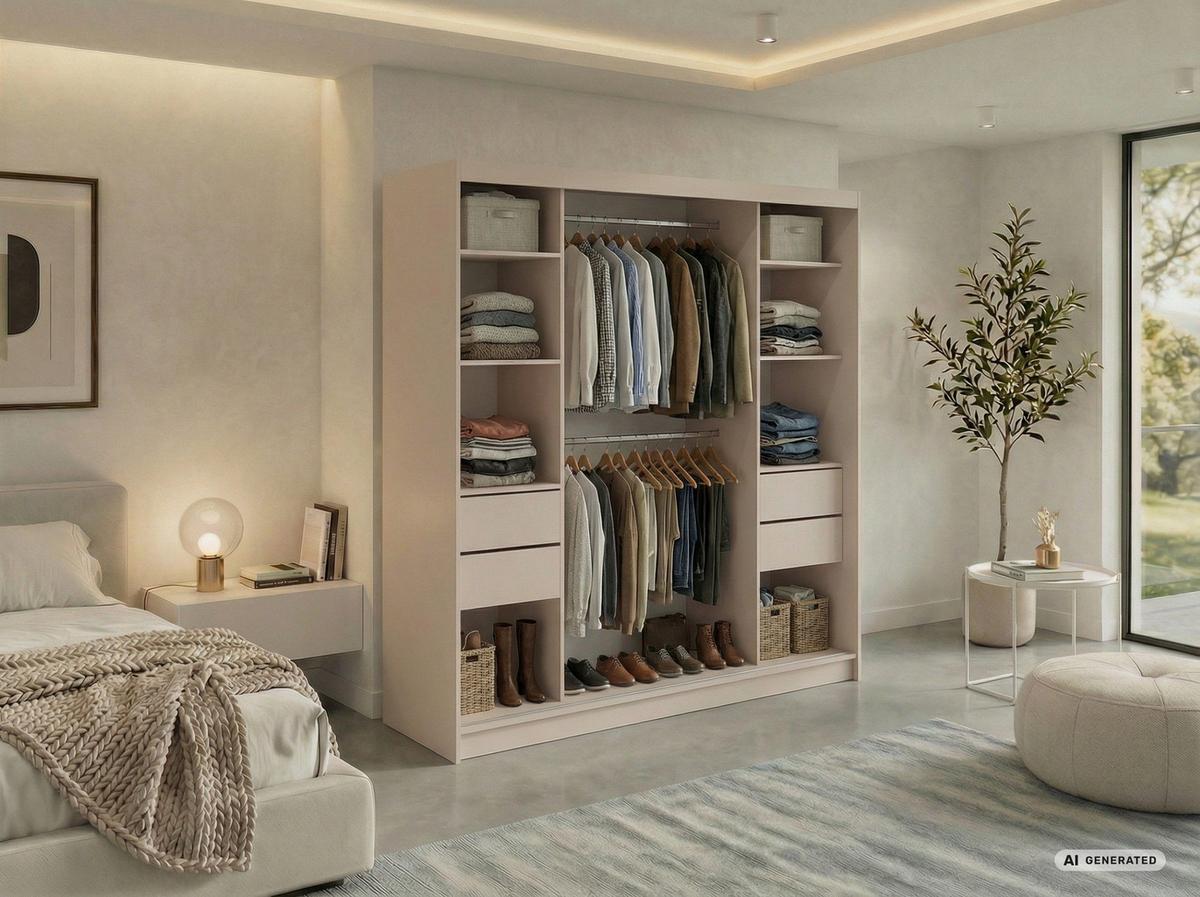 SCHWEBETÜRENSCHRANK mit Schubladen 200 - SKORIA - Kaschmir mit Spiegel - Kaschmir/Alufarben, Holzwerkstoff/Metall (200/216/61cm) - MKS