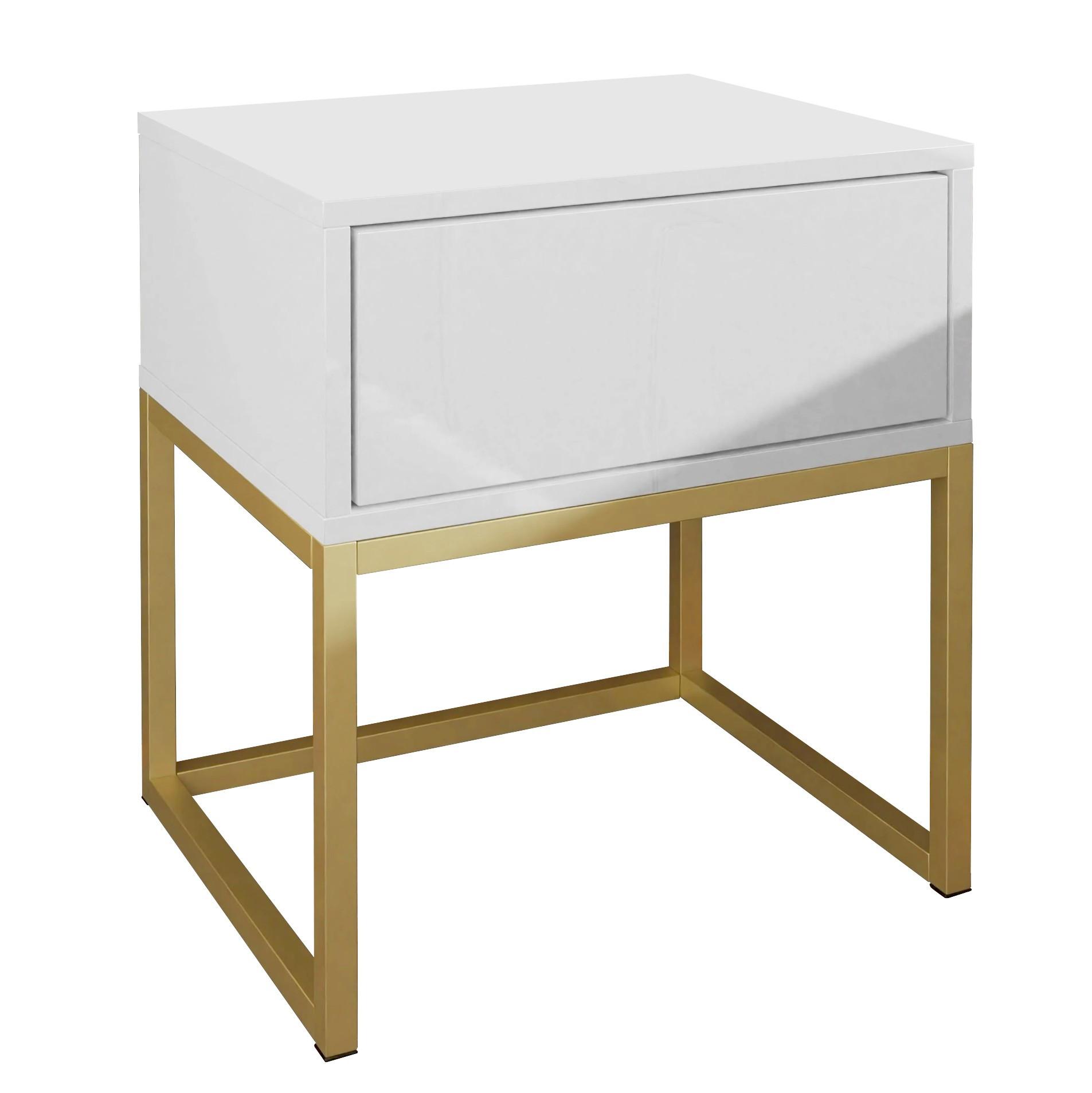 NACHTTISCH BLANCO GOLD auf goldenem Gestell Weiß Hochglanz Kristallgriff - Weiß Hochglanz, Holzwerkstoff (45/53/36.6cm) - Lookway