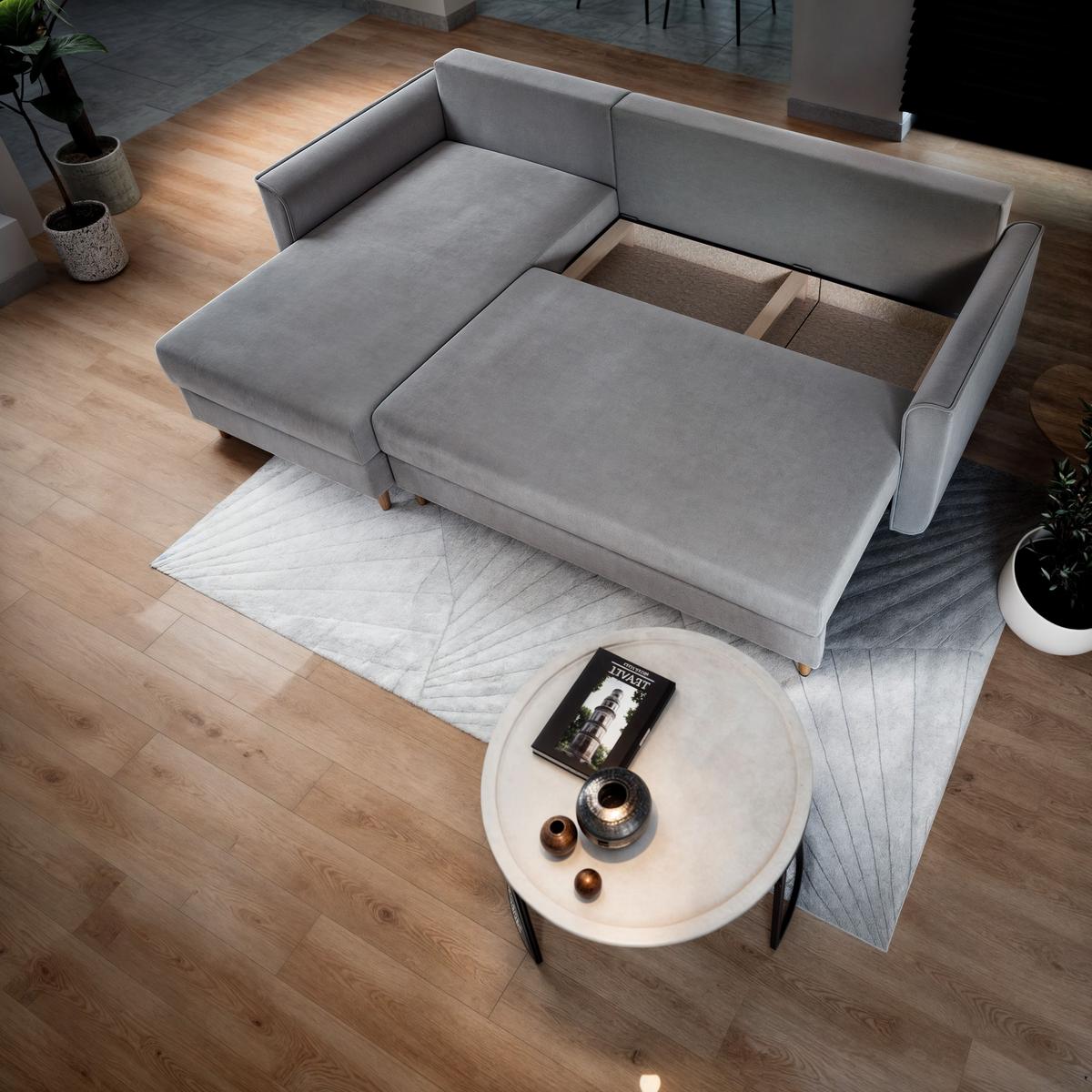 ECKSOFA PISAN L-S Hellgrau Plüsch-Stoff mit Schlaffunktion - Hellgrau/Braun, Holz/Textil (220/140cm) - MASSENO