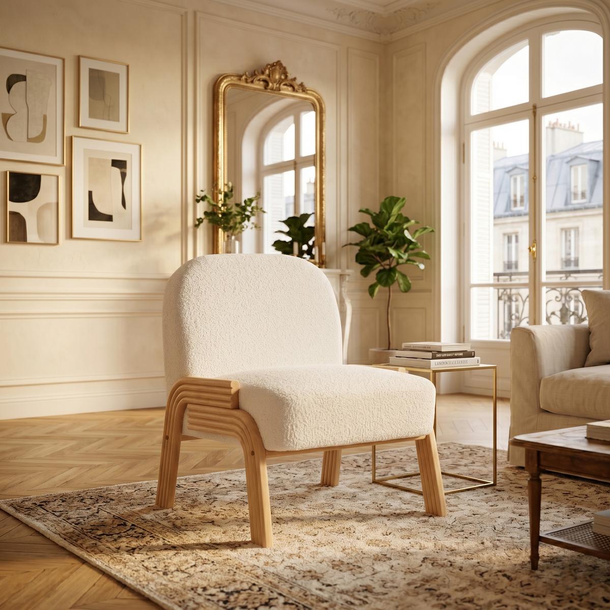 SESSEL aus chenille und massivholz, skandinavisches design und armlos - Creme, Textil (72/78/61cm) - Urban Meuble