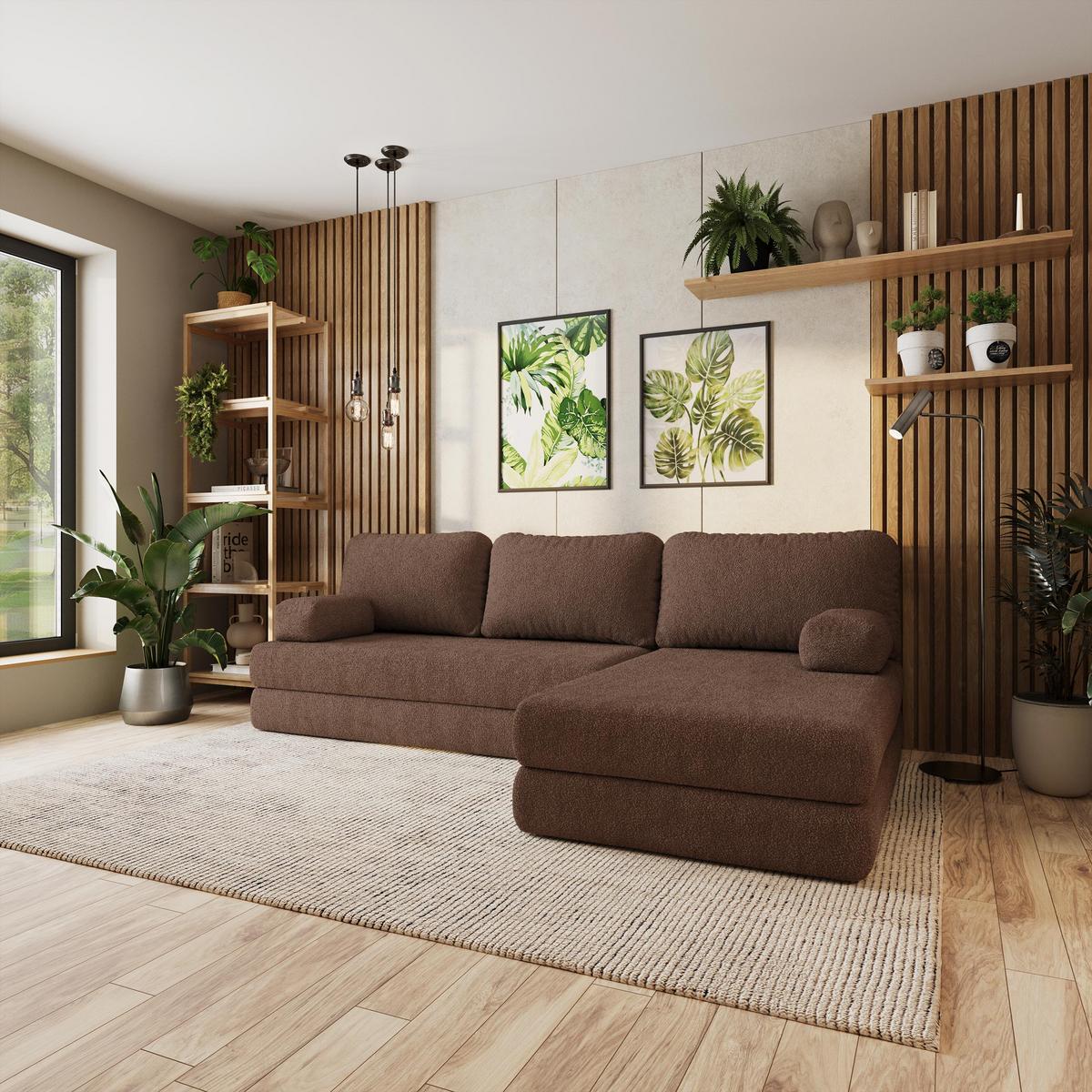 ECKSOFA LEA modulares Boneless Sofa mit Schlaffunktion Braun Boucle-Stoff - Braun, Textil (270/160cm) - MASSENO