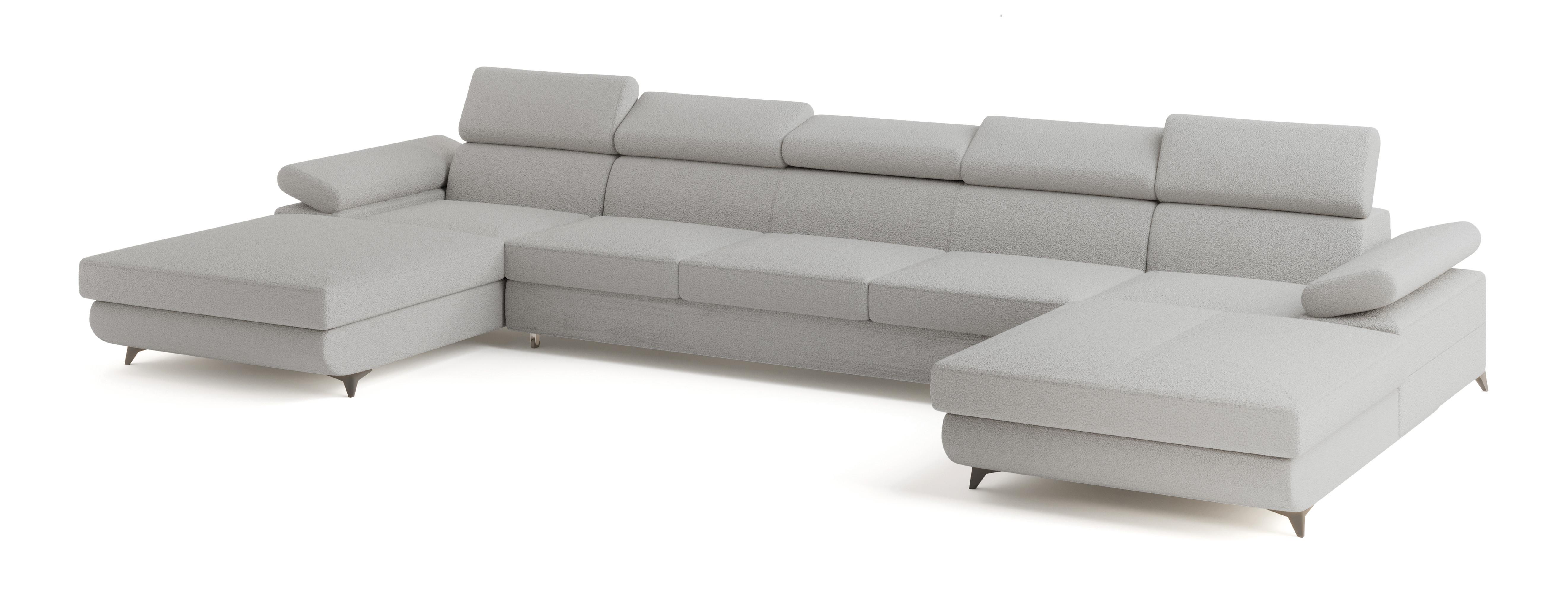 WOHNLANDSCHAFT VIVENTE Hellgrau Boucle-Stoff mit Schlaffunktion - Hellgrau, Holz (410/89/190cm) - MASSENO