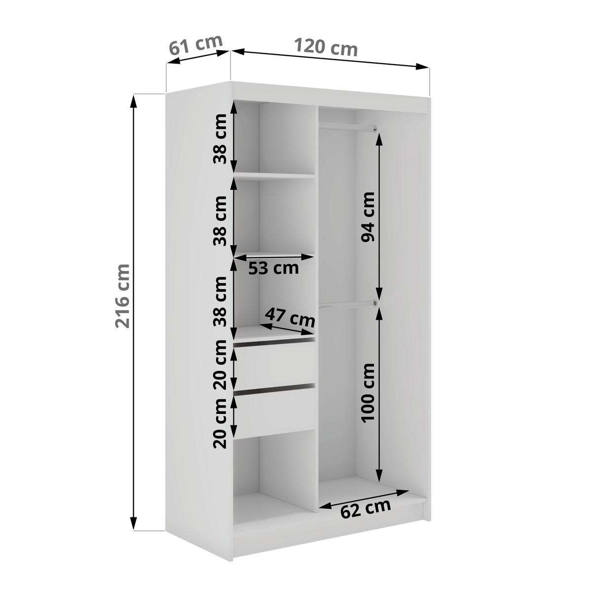 SCHWEBETÜRENSCHRANK mit Spiegel und Schubladen - WALENCJA - 120 - Weiß lacobel - Alufarben/Weiß, Holzwerkstoff/Metall (120/216/61cm) - MKS