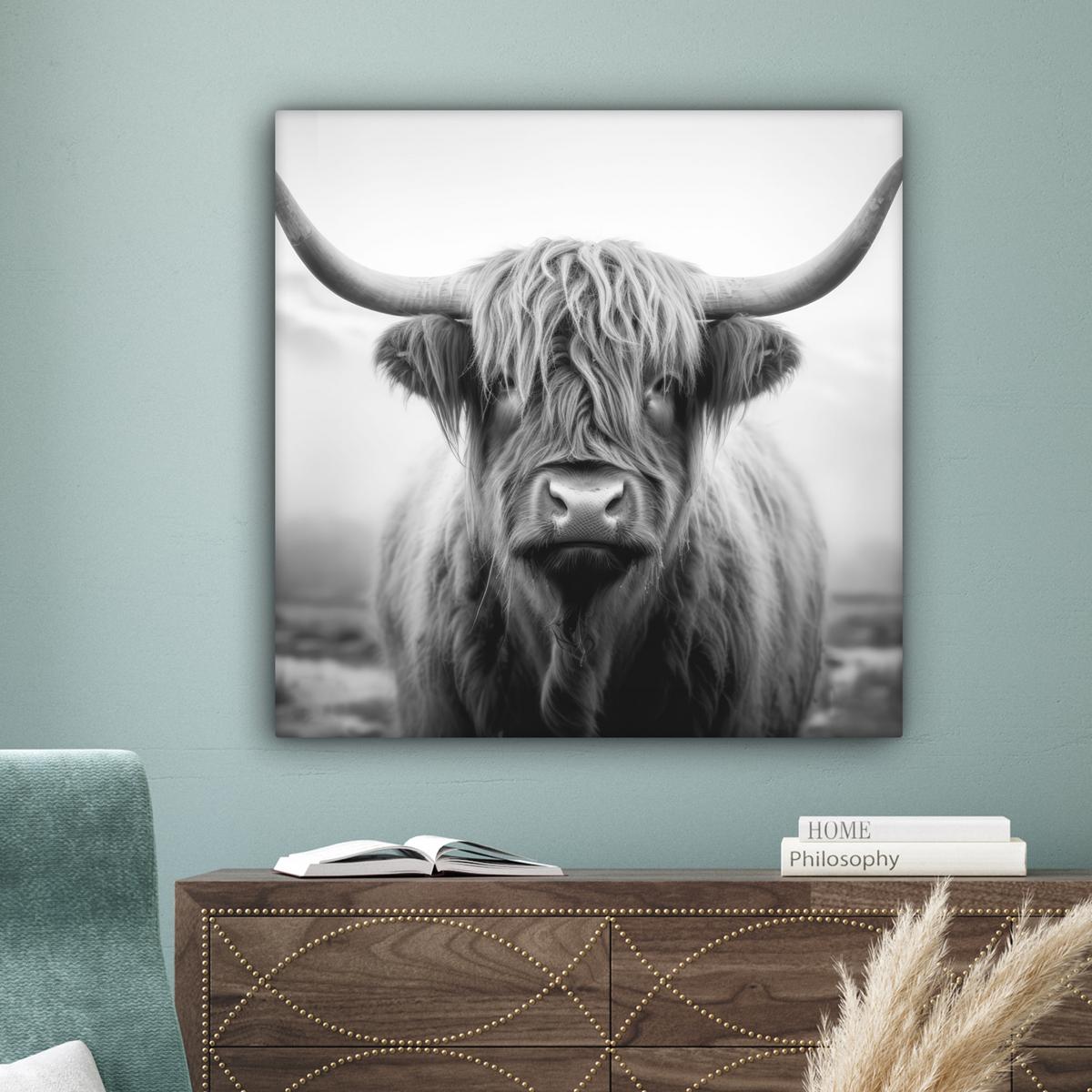 LEINWANDBILD Schottischer Highlander - Nebel - Schwarz - Weiß Deko Groß 90x90 cm - Grau, Textil (90/90cm) - MuchoWow