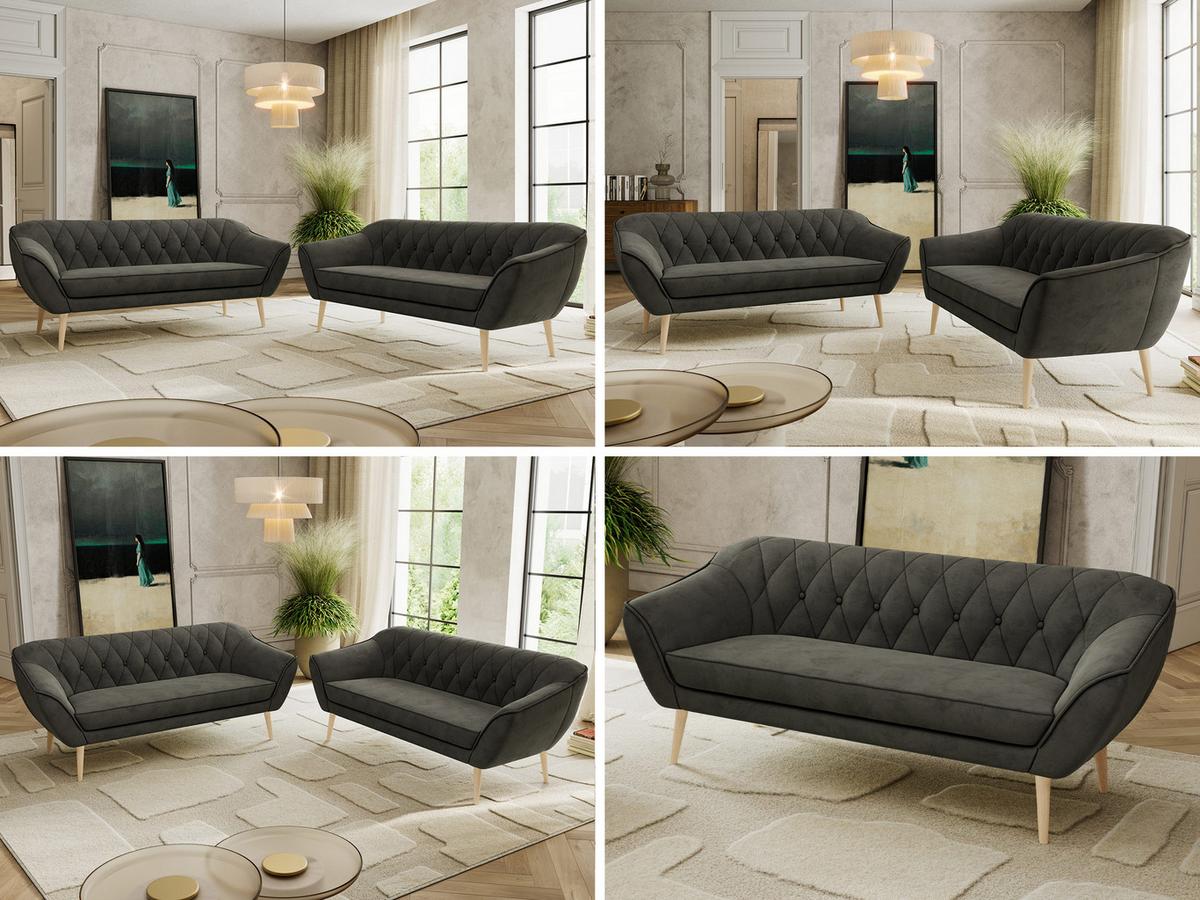 SITZGARNITUR PIRS 3+3 - Dunkelgrau Velvet - Holzbeine - Dunkelgrau/Buchefarben, Holzwerkstoff/Textil (180/75/74cm) - MKS