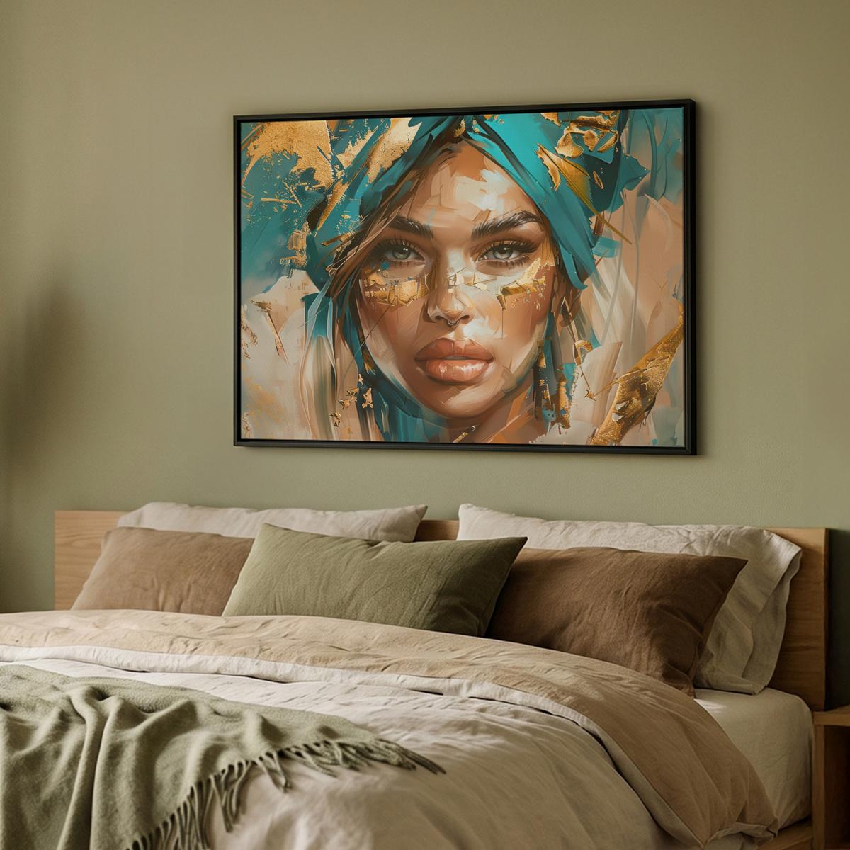 LEINWAND Bilder mit Rahmen - Frau - Porträt - Gold - Luxus - Blau - 100x70 - Türkis, Textil (100/70cm) - MuchoWow