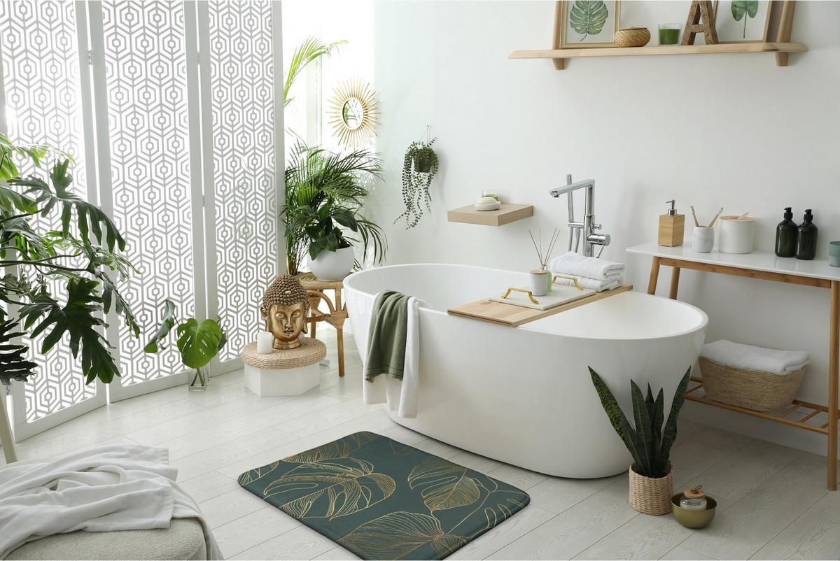 BADTEPPICH 90x60 cm Monstera-Blätter - Grün, Textil (90/60cm) - TULUP