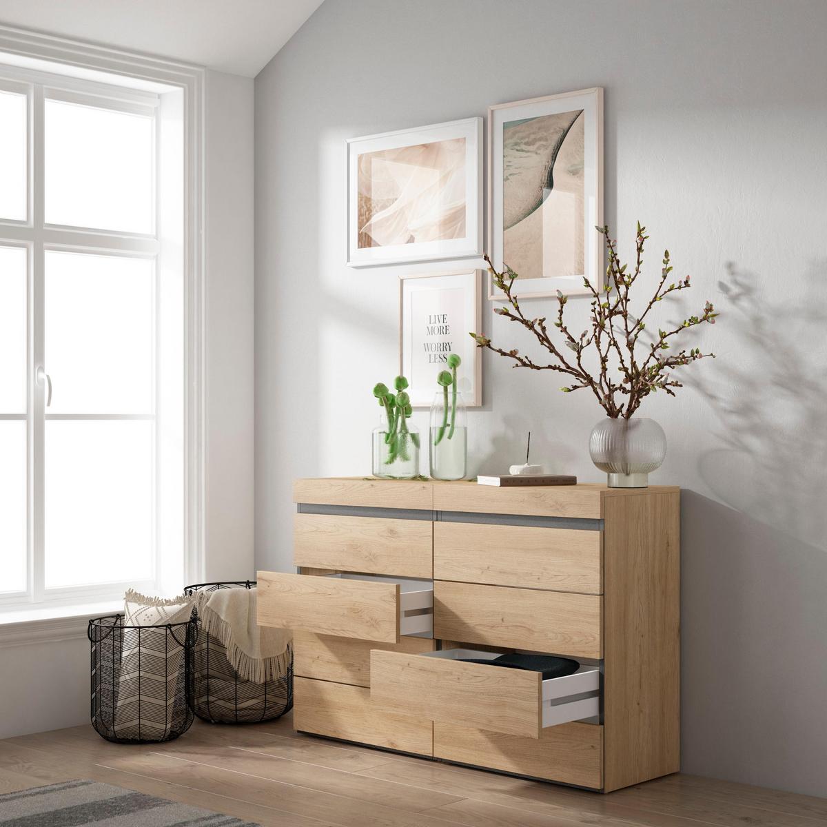 KOMMODE mit Schubladen, Sideboard Schrank, eiche, 114/35/75cm - Eichefarben, Holzwerkstoff (114/75/35cm) - Skraut Home