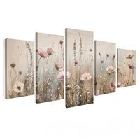 LEINWANDBILD 5er Set Blumen - Beige - Modern - Rosa 150x80 cm - Ecru, Textil (150/80cm) - MuchoWow