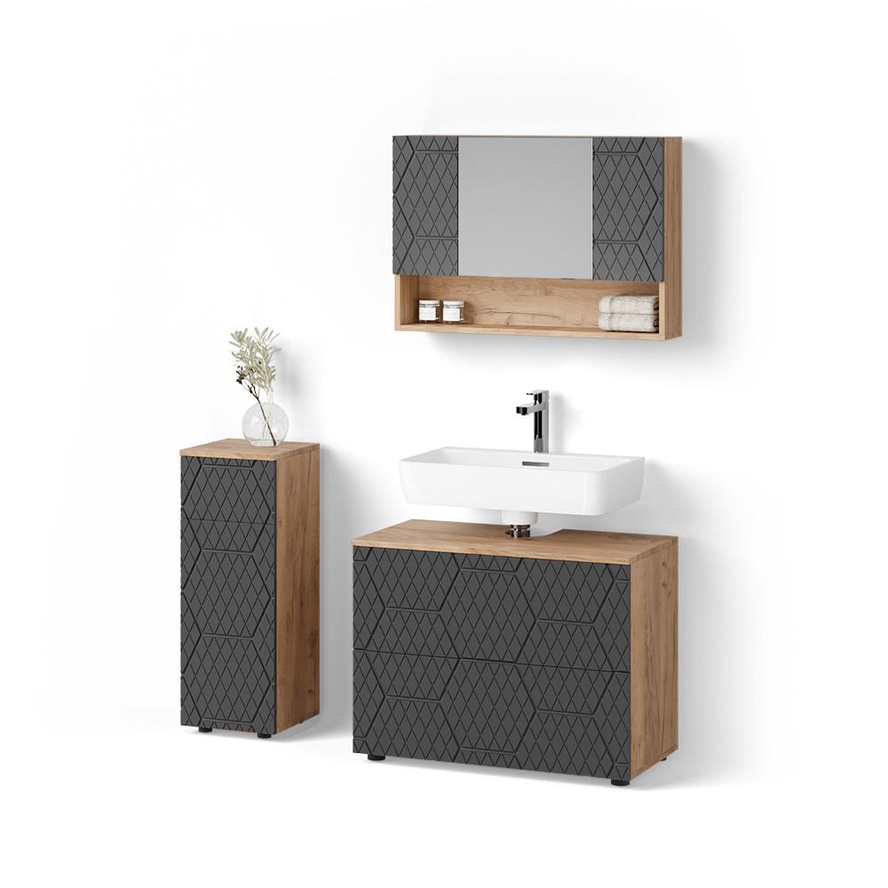 BADMÖBEL-SET Ronco Anthrazit mit Wabenstruktur 3 Teile, mit Schubladenschrank und Midischrank - Anthrazit, Holzwerkstoff (80/58/41cm) - Livinity®