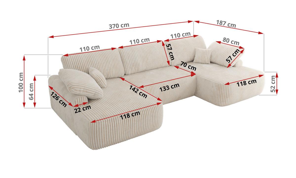 WOHNLANDSCHAFT CUBO U Creme Cord - Creme/Schwarz, Kunststoff/Textil (370/100/187cm) - MKS