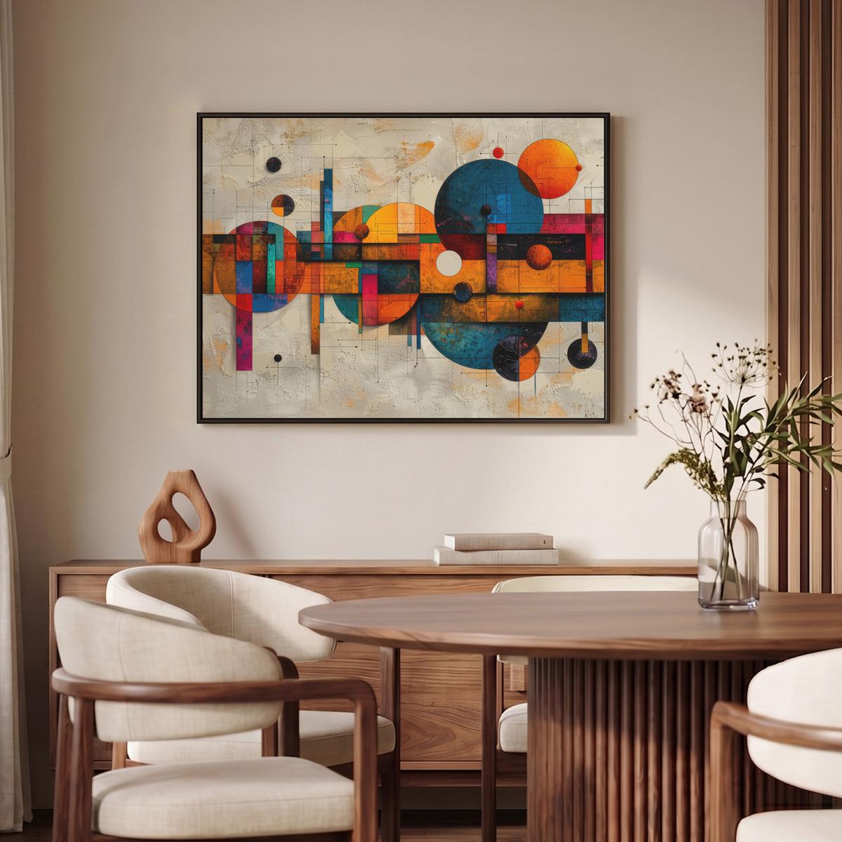 LEINWAND Bilder mit Rahmen - Vintage - Moderne Kunst - Orange - Geometrische Formen - 100x70 - Multicolor, Textil (100/70cm) - MuchoWow