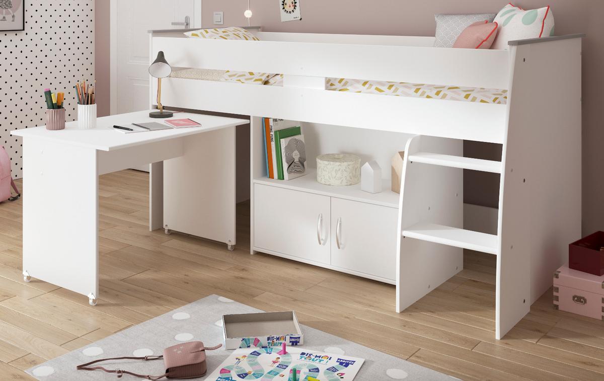 HOCHBETT weiß Jugendzimmer Bett 90 x 200 mit Schreibtisch ausziehbar - Silberfarben/Weiß, Holz/Holzwerkstoff (90/200cm) - Parisot Meuble