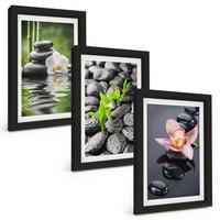 BILDER SET 3er Set - 20x30 cm Schwarzer Rahmen - Eine ruhige Zen-Komposition aus Blumen und Wasser - Schwarz, Kunststoff (20/30cm) - TULUP