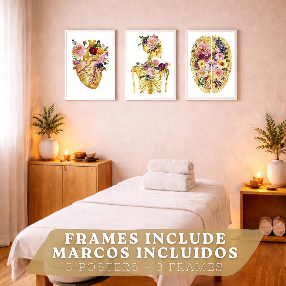 POSTER Set aus 3 Anatomie Mensch Drucke und Wandbilder mit Herz Gehirn und Skelett Goldenes Florales Design Wanddekoration Größe Weißer Rahmen A3 - Weiß, Papier (29.7/42/3cm) - Nacnic