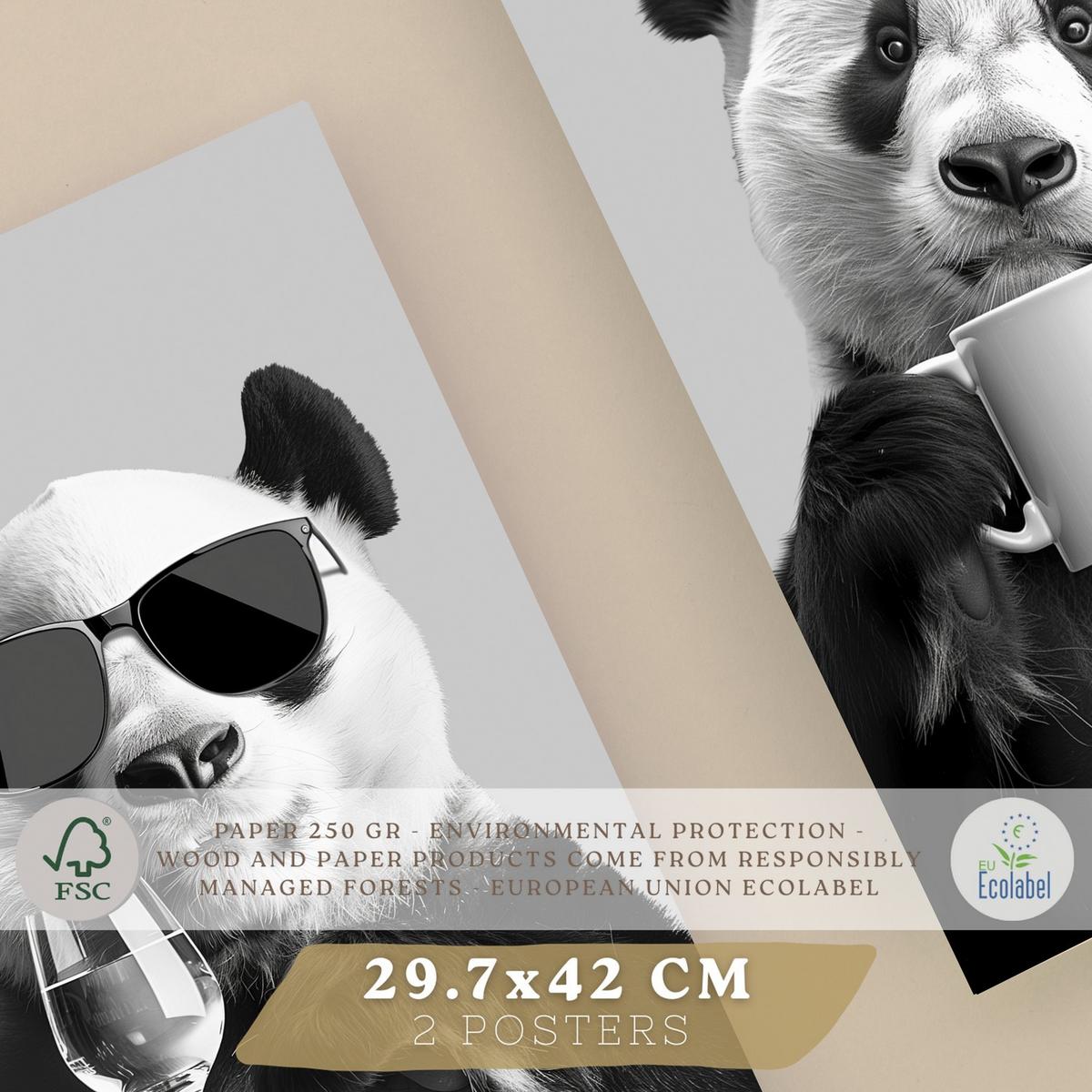 POSTER 2er Set Lustige Panda-Wandbilder Schwarz Weiß Tier Weinglas und Kaffeetasse Küche Wanddeko Rahmenlos A3 - Klar, Papier (29.7/1/42cm) - Nacnic