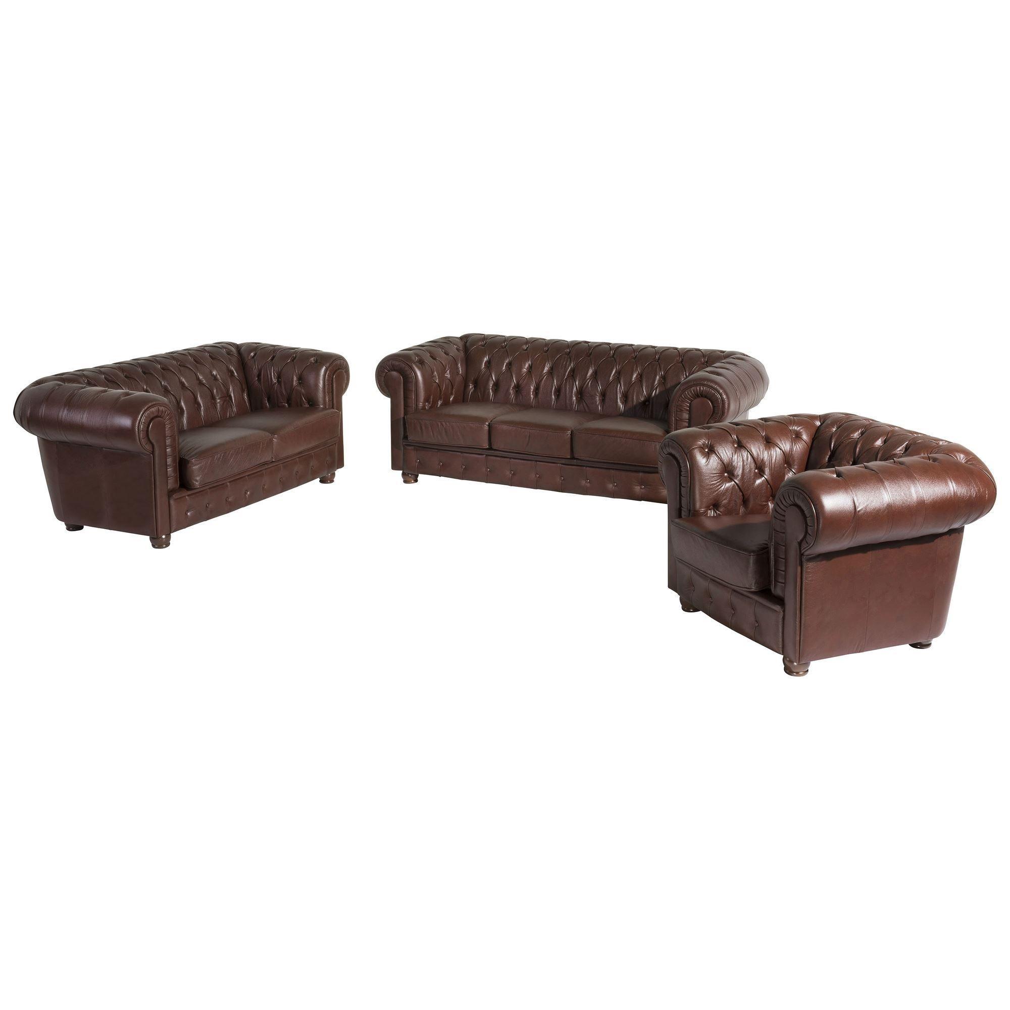 COUCHGARNITUR Chesterfield 3-2-1 Kalea Echtlederbezug Wischleder Braun - Braun, Leder (98/76/98cm) - 58aufmkessel