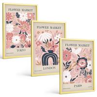 BILDER SET 3er Set - 40x60 cm Goldrahmen - Blumenmotive Tokio London Paris - Goldfarben, Kunststoff (40/60cm) - TULUP