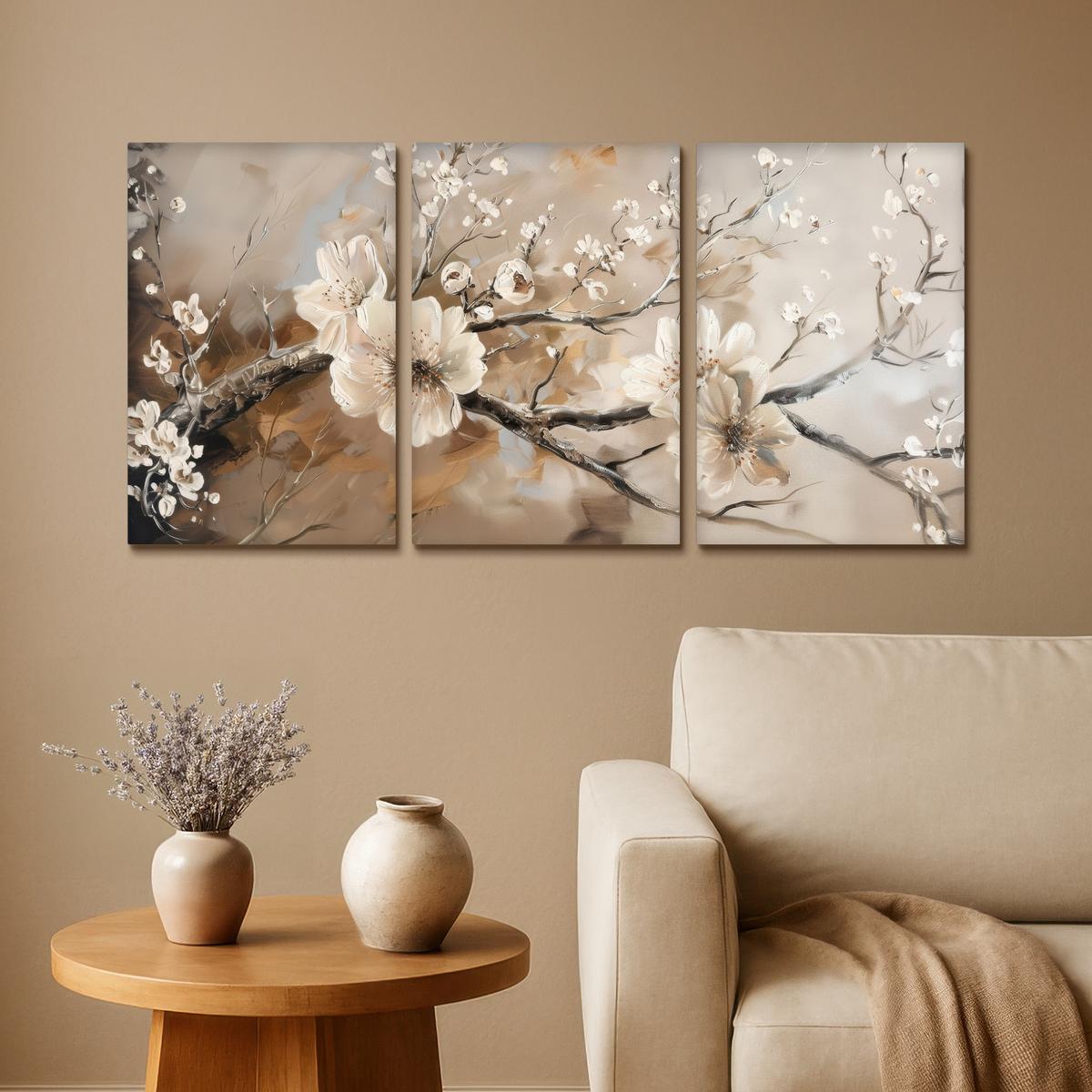 LEINWANDBILD 3er Set Blüte - Beige - Abstrakt - Blumen 120x60 cm - Hellbraun, Textil (120/60cm) - MuchoWow