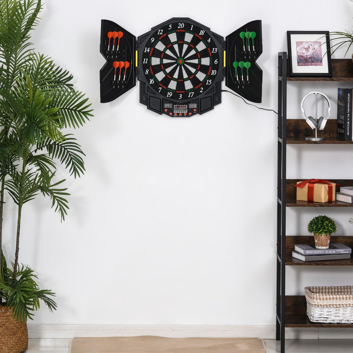 ELEKTRONISCHE Dartscheibe Dartboard mit Tür inkl. 4 LED 216 Spiele 12 Pfeile - Schwarz, Kunststoff (54.6/49cm) - HOMCOM