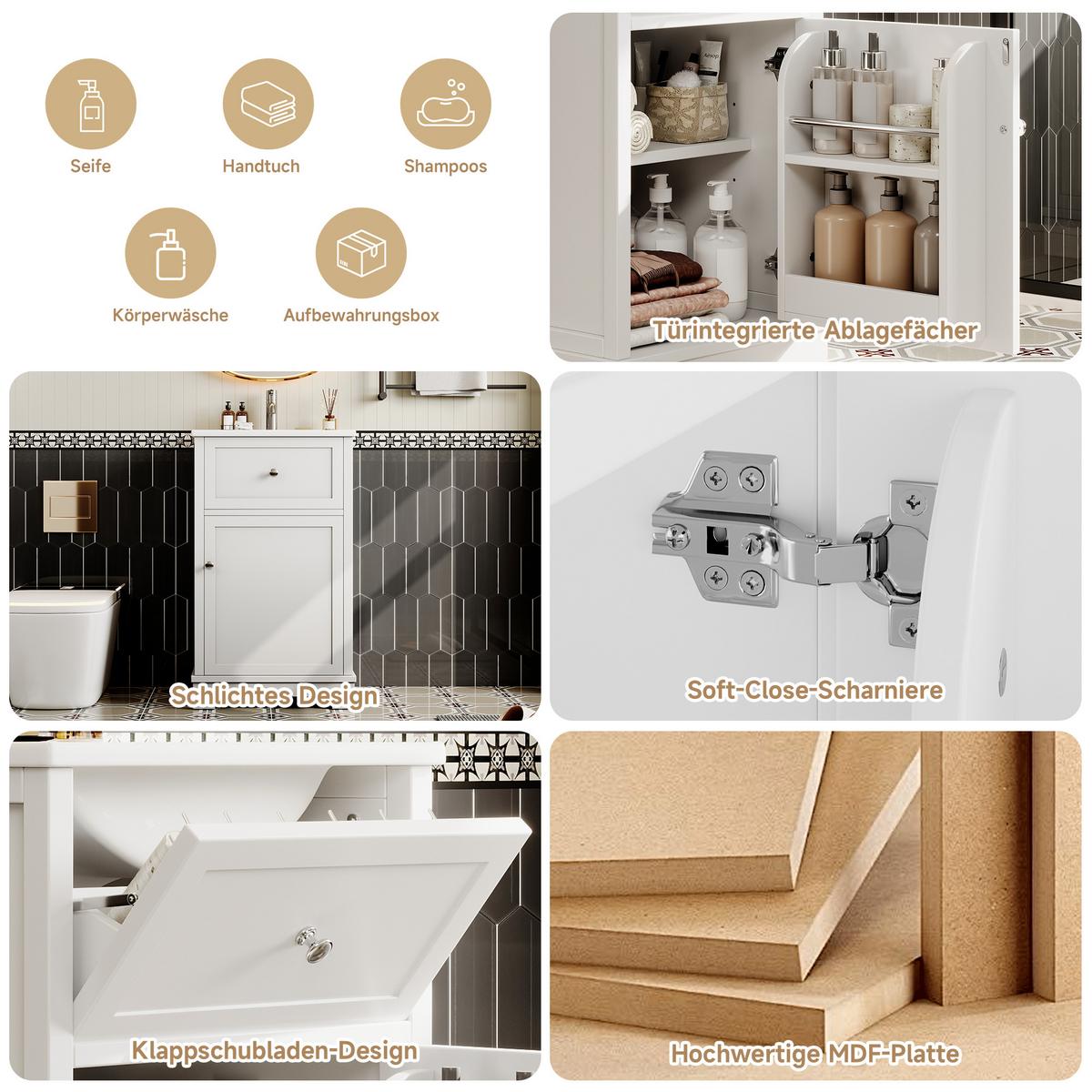 WASCHTISCH mit Unterschrank Weiß 51cm Standschrank mit Keramikbecken & Klappfach - Weiß, Holzwerkstoff (51/87/46cm) - Urban Meuble