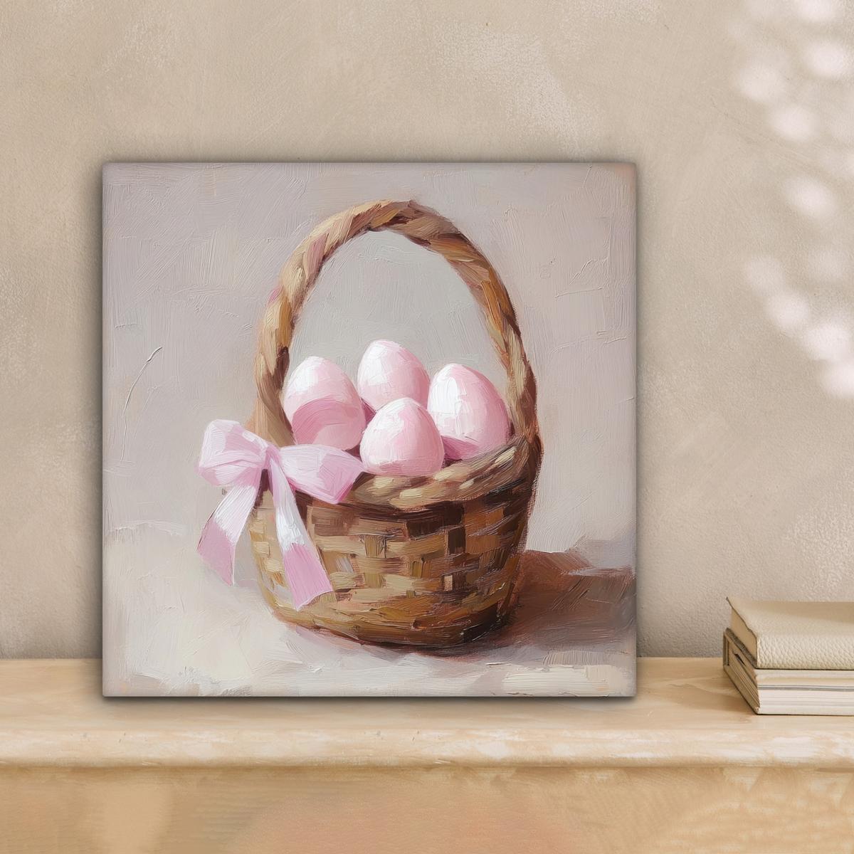 LEINWANDBILD Korb - Eier - Rosa Deko Wohnzimmer 20x20 cm - Beige, Textil (20/20cm) - MuchoWow