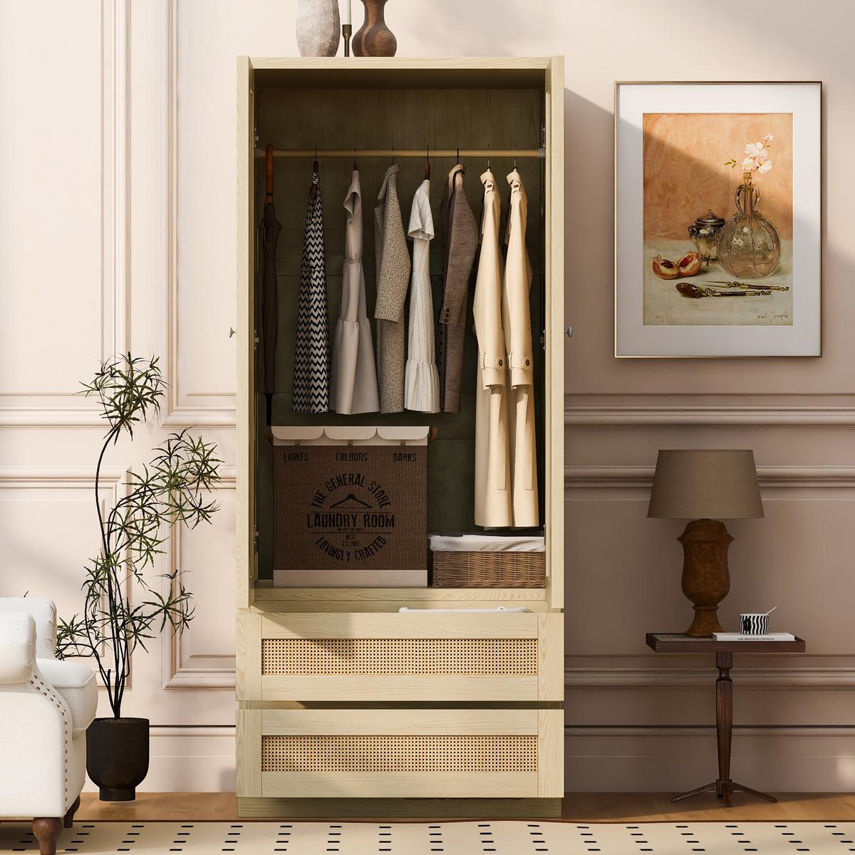 KLEIDERSCHRANK Holzfarbe Kunstrattan Doppeltüren mit 2 Schubladen - Naturfarben, Holzwerkstoff (70/170/55cm) - Urban Meuble
