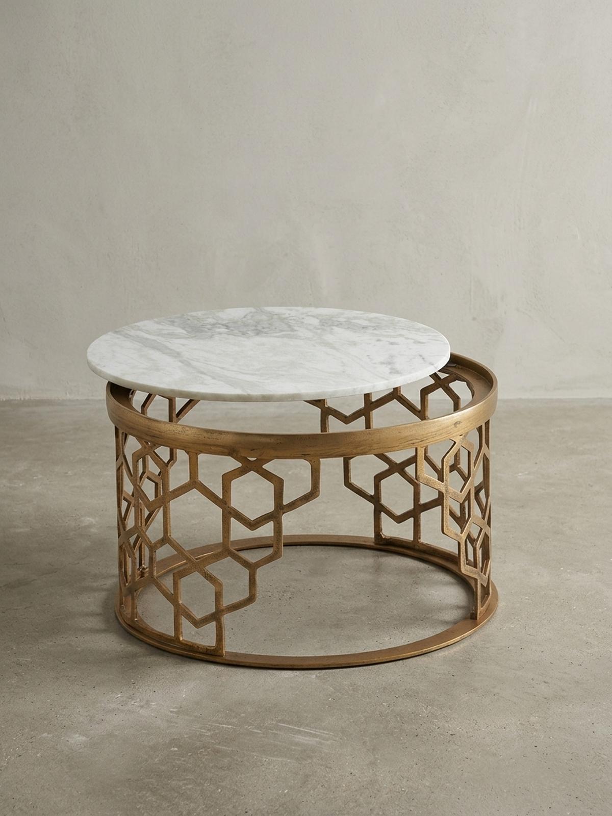 COUCHTISCH Weiß Marmor und Metall, Rund, Maße 60x60x36 cm, Modernes Design - Goldfarben/Weiß, Stein/Metall (60/60/36cm) - KADIMA DESIGN